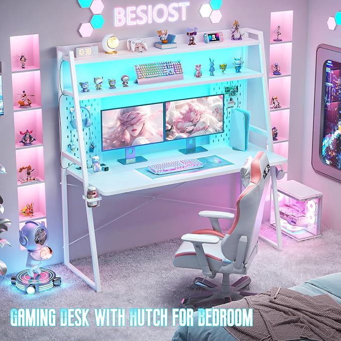 Besiost Gaming Desk with Hutch and LED Lights, Gaming Computer Desk with Power Outlets, Gamer Desk with Storage Shelves, PC Game Desk with Pegboards for Bedroom, Carbon Fiber White, 49" - Image 3