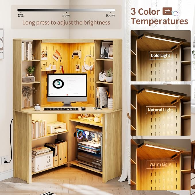 HNEBC Home Office Desk with Power Outlet & Chariging Station,L-Shaped Corner Desk with Pull-Out LED Lights,Computer Desk with Hutch & 10 Shelves,Pegboards for Work & Study,Natural - Image 5