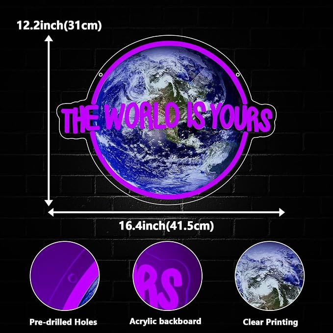 The World is Yours Neon Sign, Planet Led Neon Light Signs for Wall Decor Gaming LED Light up Sign Lamp for Party Bedroom Bar Game Room Man Cave Birthday Gamer Gift Dimmable USB Powered(16.4"*12.2") - Image 3