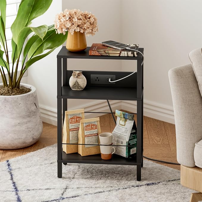Narrow Nightstand with Charging Station, Small Black Side Table with Outlet - Image 3