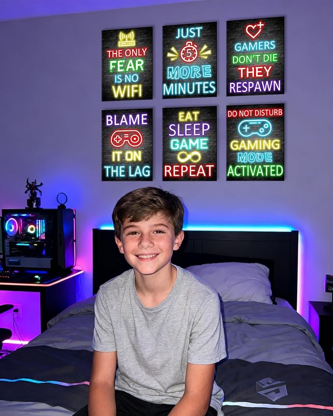 KUVIOKE Video Gamer Room Decor for Teen Boys Gaming Wall Art Gamer Neon Sign Teenage Bedroom Decor Ready to Hang Set of 6, 12x16in (Framed) - Image 2