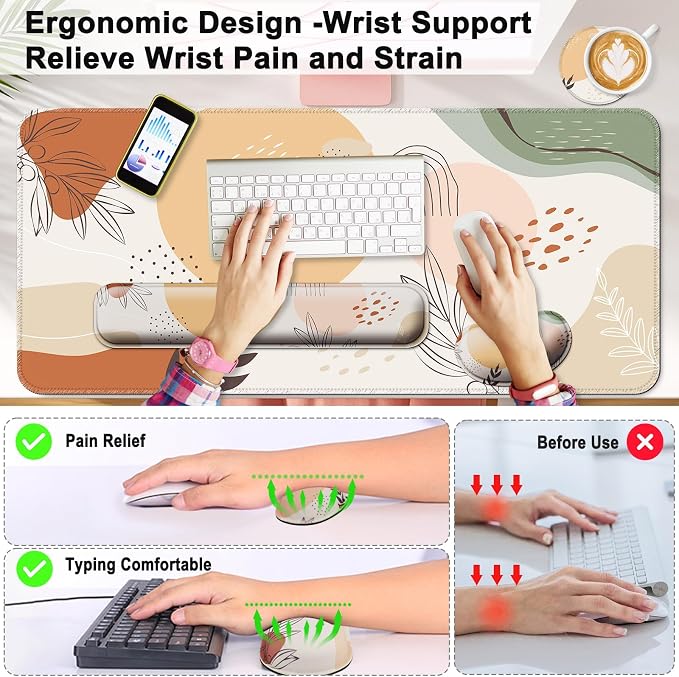 4 in 1 Mouse Pad and Keyboard Wrist Rest,Large Desk Mat,Coaster Set-Leaves - Image 2
