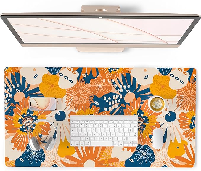 QiyI PU Leather Large Mouse Pad, Office Decor, 31.5" x 15.7", Orange Flower | Desk Décor Accessories, Extended Size, Waterproof & Easy to Clean, Smooth Surface, Non Slip Desk Organization by QIYI