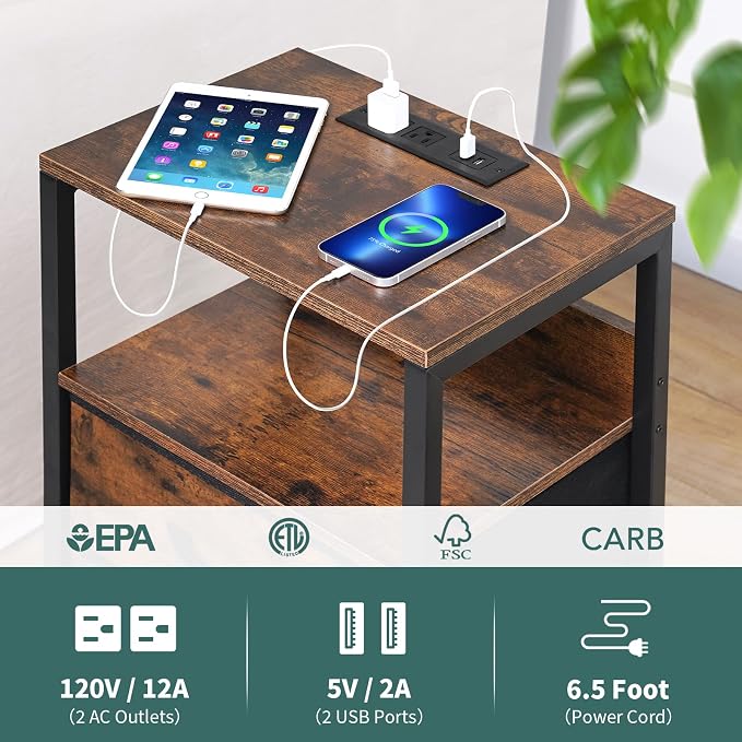 Yoobure Nightstand with Charging Station, Small Night Stand with Fabric Drawers and Storage Shelf for Bedrooms, Small Spaces, Bedside Table with USB Ports & Outlets - Image 5