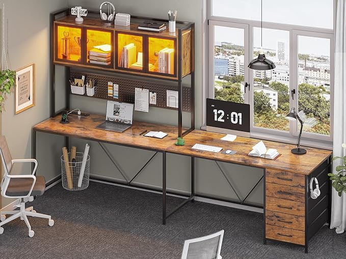 SEDETA L Shaped Gaming Corner Desk with Drawers, Hutch and Storage Shelves | Reversible L Shaped Computer Desk, Gaming Desk with Pegboard, Led Lights, and Power Outlet, Home Office Desk, Rustic Brown - Image 6