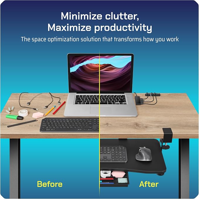 Keyboard Tray | Under Desk Keyboard Tray Slide Out w/Adjustable C-Clamps for Desks Up to 1.5-Inch-Thick | Clamp On Drawer with 1x USB-C to 4 USB-A Hub and 1x Five-Cable Management Organizer - Image 6