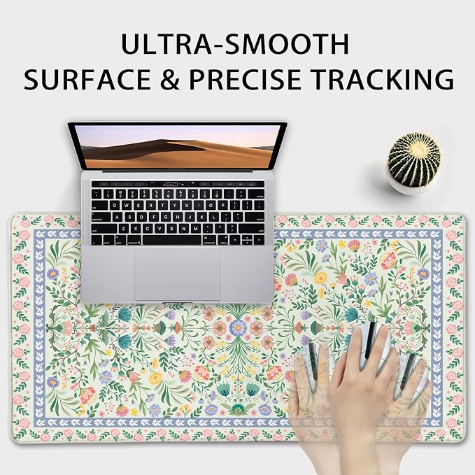 Green Floral Desk Mat Large Mouse Pad 31.5"x15.7" Non-Slip | Extended Mousepad, Non-Slip Rubber Base , Stitched Edges, for Computer/Laptop/Office/Home - Image 9
