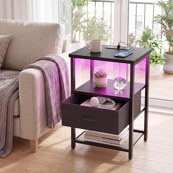 Fixwal Night Stand with Charging Station, Black Led Nightstand, 1 Drawer - Image 7