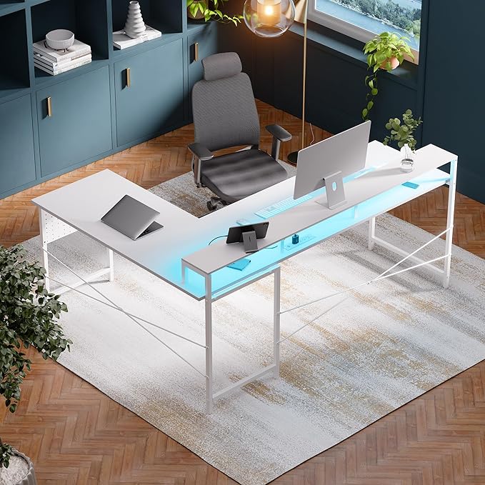 Pamray 64 Inch L Shaped Gaming Desk with Monitor Stand and Power Outlets | Large Corner Computer Desk With Pegboard & Led Lights USB Charging Ports for Home Office Study and Writing Bedroom and Dorms - Image 2