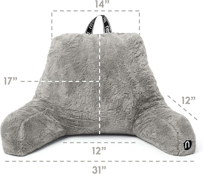 Nestl Fur Reading Pillow, Stylish Back Pillow for Bed Sitting Up, Faux Fur Bed Chair Pillow with Arms, Reading Pillows for Sitting in Bed Adult & Kids, Sit Up Back Support Pillow for Bed Rest - Grey - Image 3