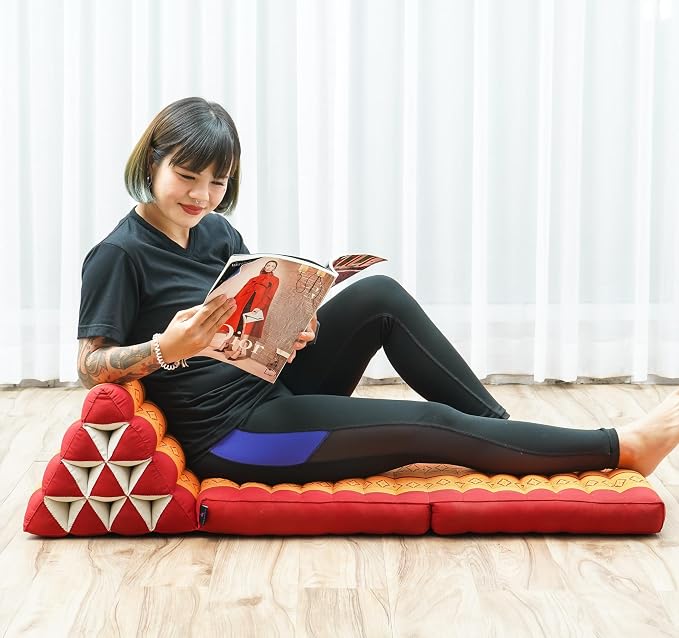 Leewadee 2-Fold Mat with Triangle Cushion – Comfortable TV Pillow, Foldable Mattress with Cushion Made of Eco-Friendly Kapok, 45 x 20 inches, Orange red by Leewadee