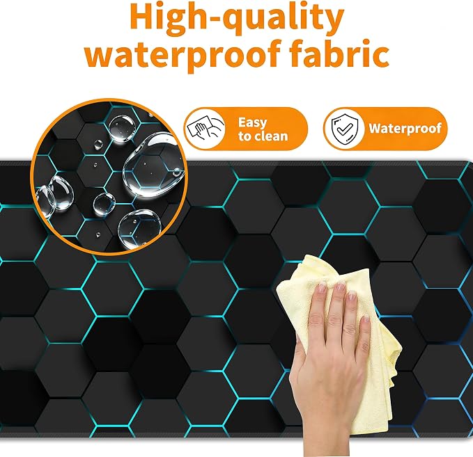 Blue Hexagon Honeycomb Desk Mat, XL 31.5"x11.8" Large Mouse Pad, Geometric Extended Gaming Mouse Mat,Non-Slip Rubber Base Waterproof with Stitched Edges for Gaming Office Home Decor - Image 4
