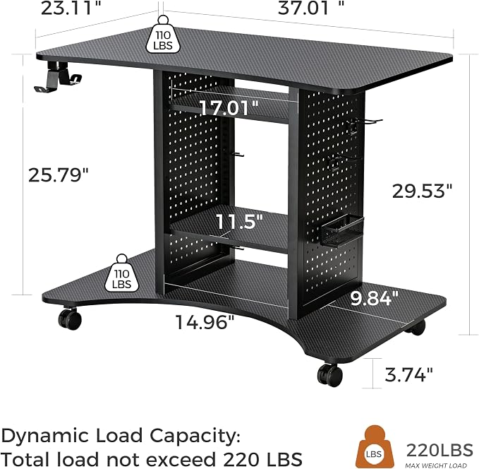 EUREKA ERGONOMIC Gaming Desk Computer, 37" Rolling Desk on Wheels for Small Space, Mobile Computer Cart with Pegboards Adjustable Shelves for Gaming PS Switch Home Office - Black - Image 2