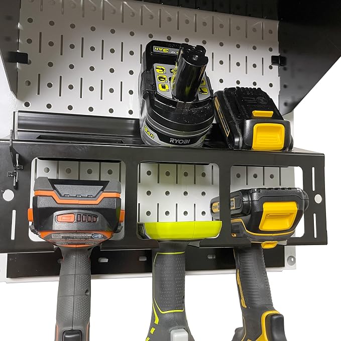 Wall Control Power Tool Storage Organizer Kit Cordless Drill Holder Charging Station Rack 16” x 32” Metal Pegboard Organization System (Beige Pegboard) - Image 9