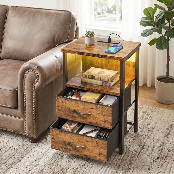 Fixwal Night Stand with Charging Station, Led Nightstand, 2 Fabric Drawers - Image 7