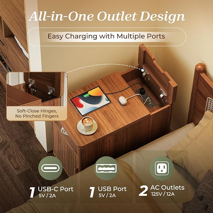 Huuger Narrow Nightstand with Charging Station, USB-C Port - Image 4