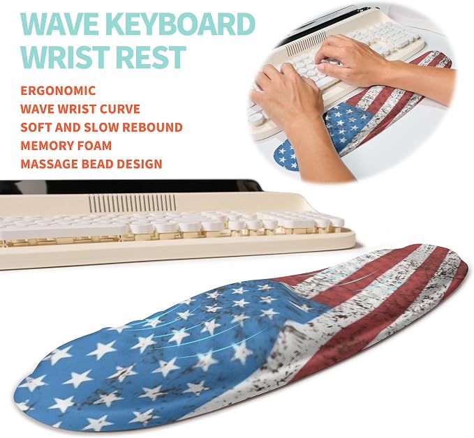 2-in-1 Ergonomic Set, Wave Rise Keyboard Wrist Rest and Massage Bulge Slope Mouse Pad Wrist Support, Cushion Memory Foam Integrated to Relieve Wrist Pain, American Flag - Image 2