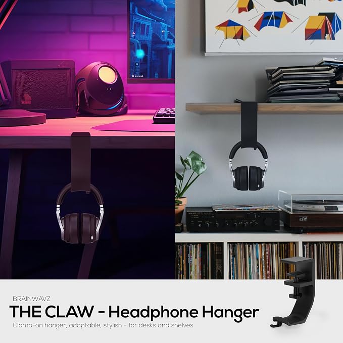 BRAINWAVZ Claw - Under Desk Headphone Hanger Stand, Screw in Place, Easy to Install with Adjustable Mounting Clamp, Suitable for All Headsets, Black - Image 4