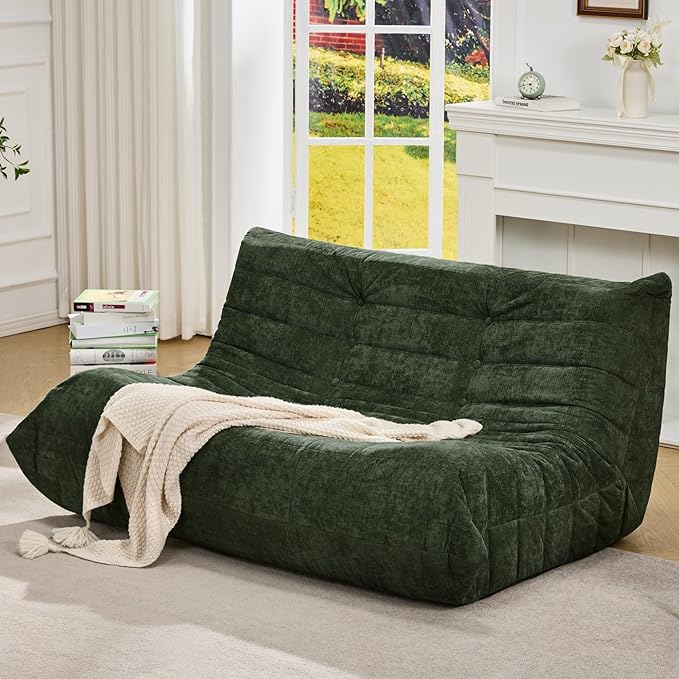 Hobestluk Large Bean Bag Chairs for Adults Fireside BeanBag Couch Togo Sofa | Ergonomic Design,Memory Foam,No Assembly,Faux Fur Fireside Lounge Floor Chair Back Support Office | Green Chenille Loveseat by YourHomeDeservesMore
