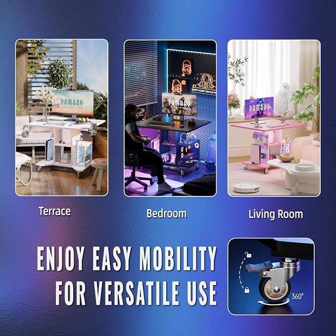Pamray Small Gaming Desk Rolling Computer Table Pink | Movable, with Led Lights Power Outlets, with Storage Pegboard and Hook, Sturdy, Suitable for Study Gaming Bedroom Dorm - Image 5