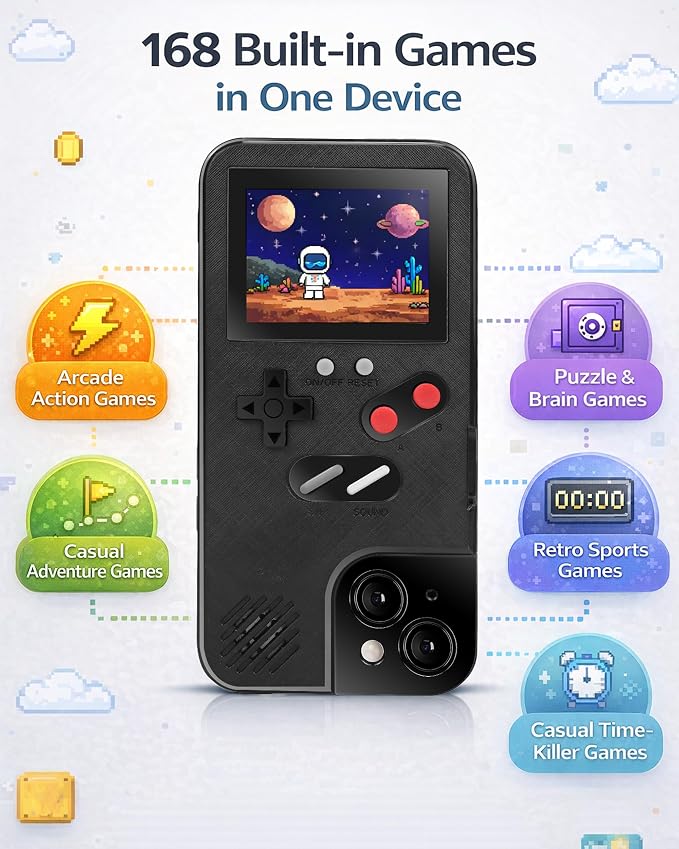 Game Phone Case, 168 Built-in Small Video Games, Black, Compatible with iPhone 14 Pro - Image 2