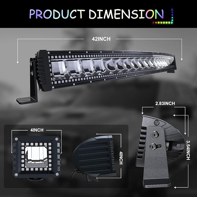 42" Curved RGB LED Light Bar 2X 4 Flood LED Pods Offroad Fog Lights - Image 2