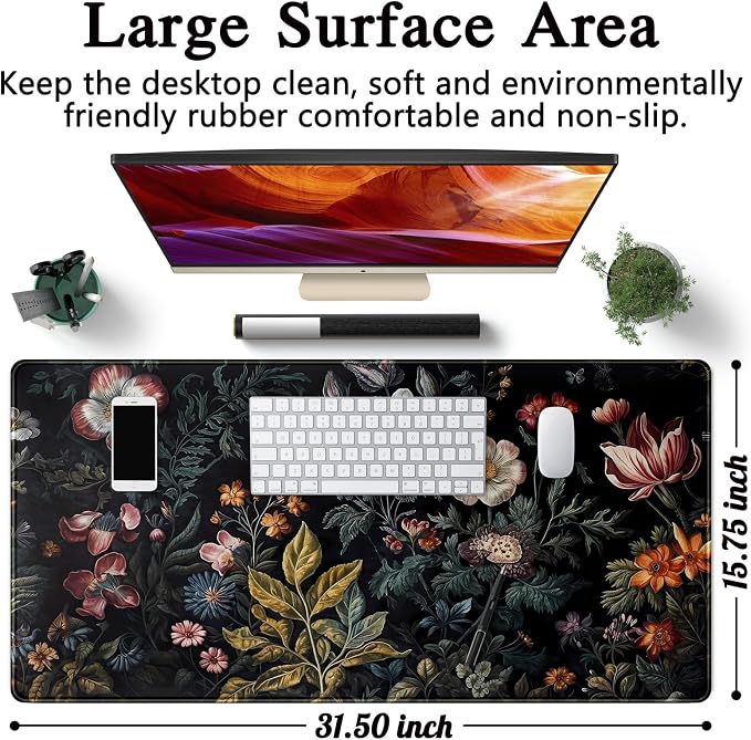 Floral Desk Mat Dark Vintage Aesthetic Desk Pad Flower Plant Black Extended Mouse Pad Large Gaming Mousepad XXL Laptop Computer Mouse Keyboard Mat 31.5 x 15.7 in for Office Desk Decor - Image 2
