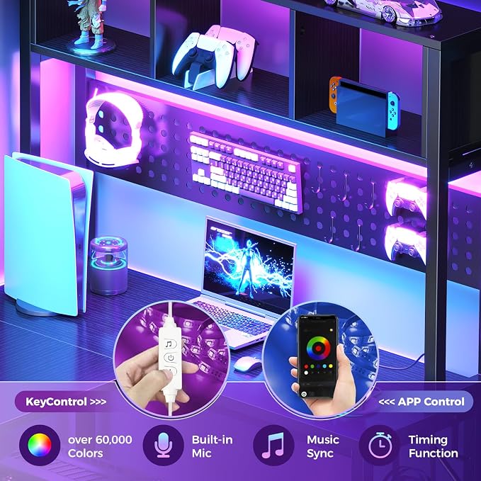 Small Black L Shaped Gaming Desk with Hutch , 47 Inch Corner Gaming Desk with Storage Shelves for Bedroom Small Space, Reversible L-Shaped Computer PC Desks with Pegboard LED Light for Kids Boys Girls - Image 4