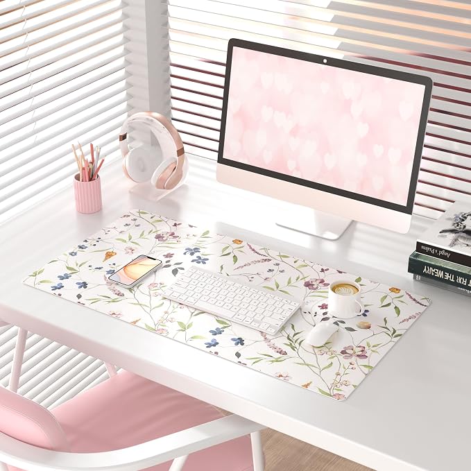 QiyI PU Leather Large Mouse Pad, 31.5" x 15.7", Watercolor Flowers | Desk Décor Accessories, Extended Size, Waterproof & Easy to Clean, Smooth Surface, Non Slip Desk Organization - Image 2