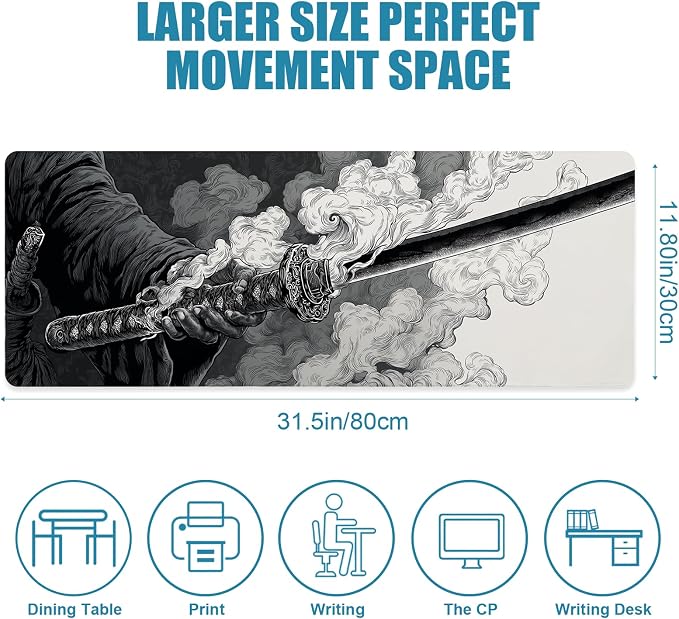 Gaming Large Mouse Pad, Japanese Samurai Sword Desk Mat, Big Mousepad Non-Slip XL Extended Laptop Computer Keyboard Mat for Gamers, Office&Home, 31.5x11.8in, Black and White - Image 2