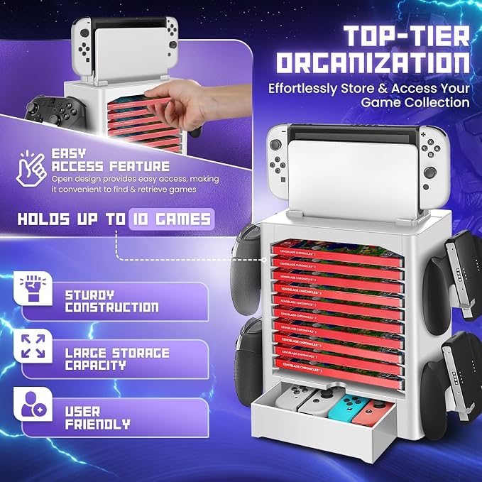 TNP Switch Organizer Station, 10-Game Storage Tower, Dock Holder, White - Image 3