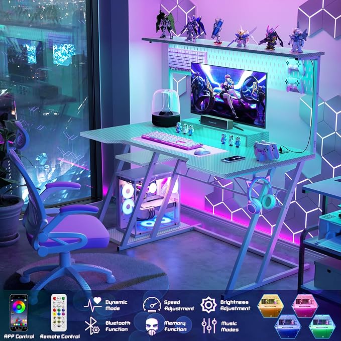 Armocity Gaming Computer Desk with Power Outlets, Gaming Desk with Hutch and LED Lights, Reversible PC Gaming Desk with Pegboard, Carbon Fiber White, 47" - Image 4