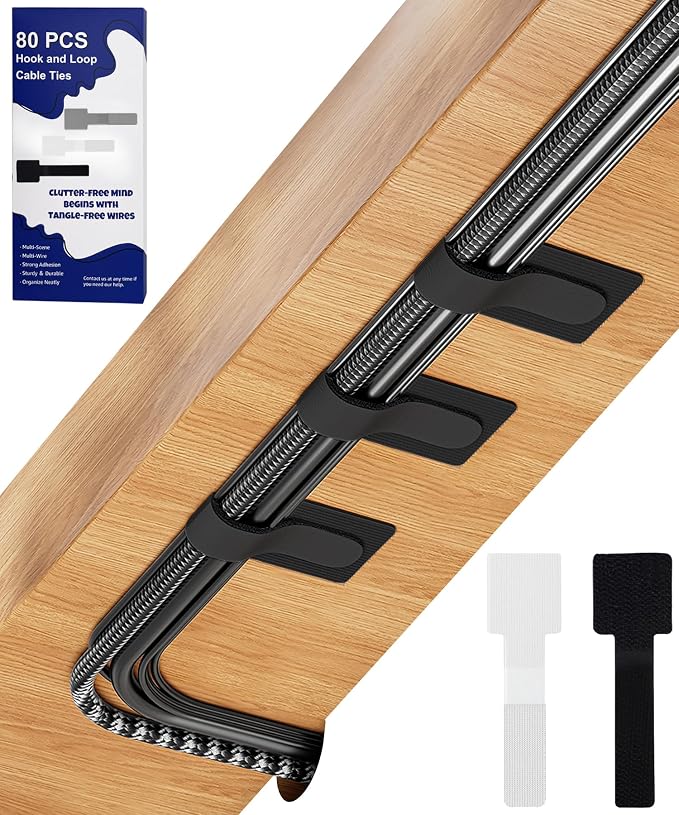 80PCS Hook and Loop Cable Ties, Under Desk Cable Management, Adhesive Cable Straps, Cord Management Hider Idea, Cord Organizer for Desk, Computer Accessories, Home Office Organization, Black+White by BTPIEL
