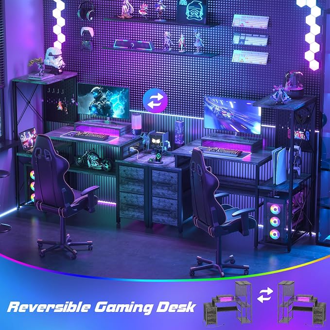 Small Gaming Desk with 2 Fabric Drawers - Reversible Computer Desk with Power Outlet & LED Lights, 49" Office Desk with Monitor Stand & Storage Shelves, Writing Study Table with Pegboard, Grey Oak - Image 3
