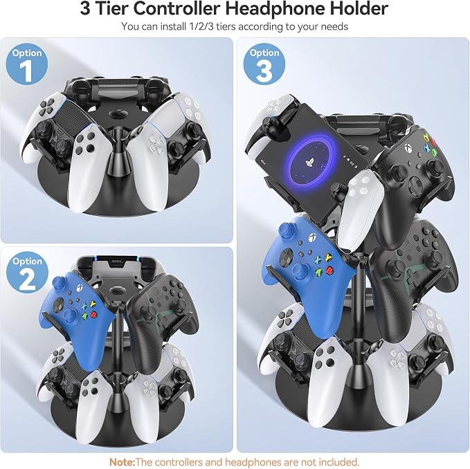 Kosker Headset Stand 3 Tiers for Desk, Rotatable Gaming Controller Stand for PS5/PS4/Xbox/Switch2/PS Portal/Phone, Universal PC Gamer Gift Accessory Controller/Headphone Holder for 9 Packs Controller - Image 2