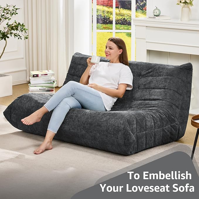 Hobestluk Large Bean Bag Chairs for Adults Fireside BeanBag Couch Togo Sofa | Ergonomic Design,Memory Foam,No Assembly,Faux Fur Fireside Lounge Floor Chair Back Support Dorm | Darkgrey Chenille Loveseat - Image 6