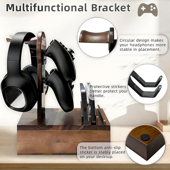 Gamer Controller Holder Headphone Stand with Storage Drawer for Gaming Equipment,Wood Gamer Gifts for Teenage Boy,Headpset Stand Gaming Desk Accessories for Fathers Day Men,Son,Husband - Image 3