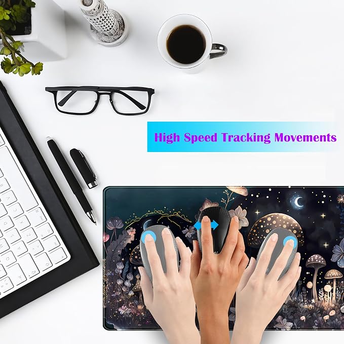Teng DA Qing Cute Dark Mushroom Moon Night Mouse Pad XL Extended Gaming Mat with Stitched Edges, Computer Laptop Keyboard and Mouse Mat for Women Office Desk Decor, 31.5x11.8 in - Image 3
