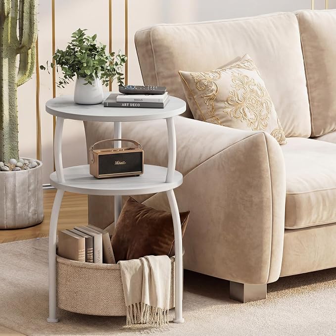 Round Side Table with Storage Basket, End Table Living Room, 15.7in - Image 2