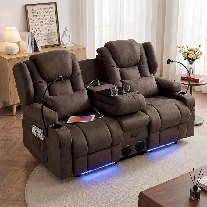 Redlife Power Loveseat Recliner Sofa with Console, Blue LED Lights - Image 2
