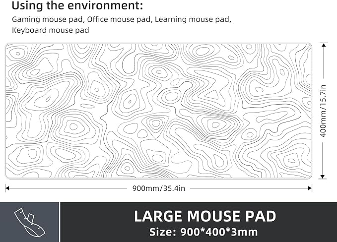 Rinaze Extra Large Gaming Mouse Pad with White Topographic, XXL Mousepad, Big Mouse Mat Desk Pad, Non Slip Keyboard Pad for Gaming Computer Laptop PC Office Desk Accessories - Image 6