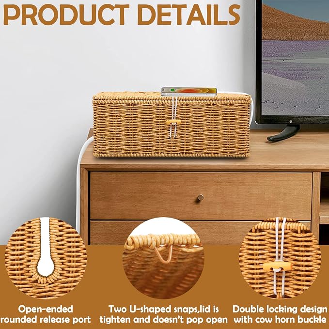 Cable Management Box, Handmade Rattan Cable Organizer Cord Basket - Image 3