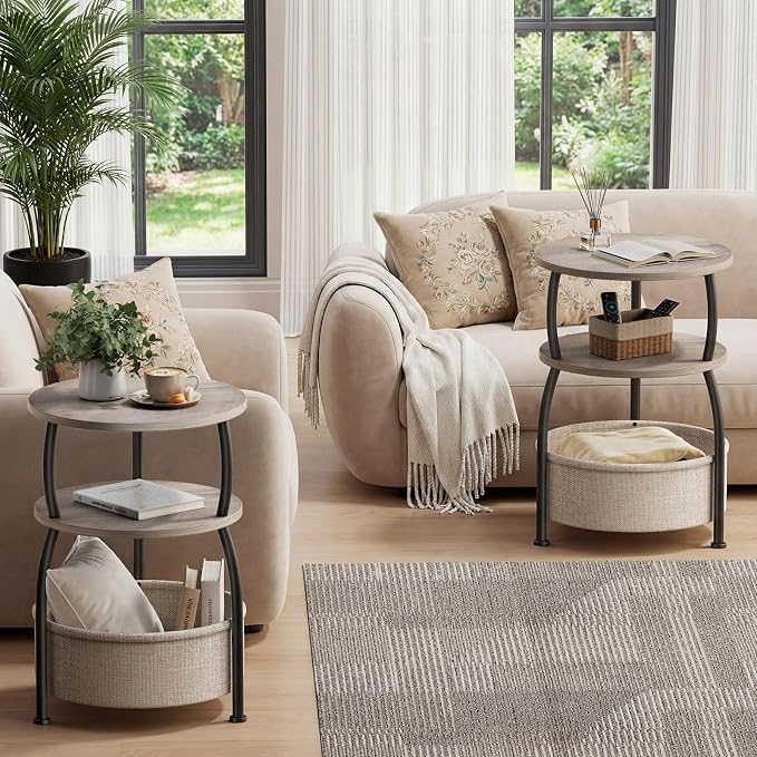Round Side Table with Storage Basket, End Table Living Room, Greige - Image 4