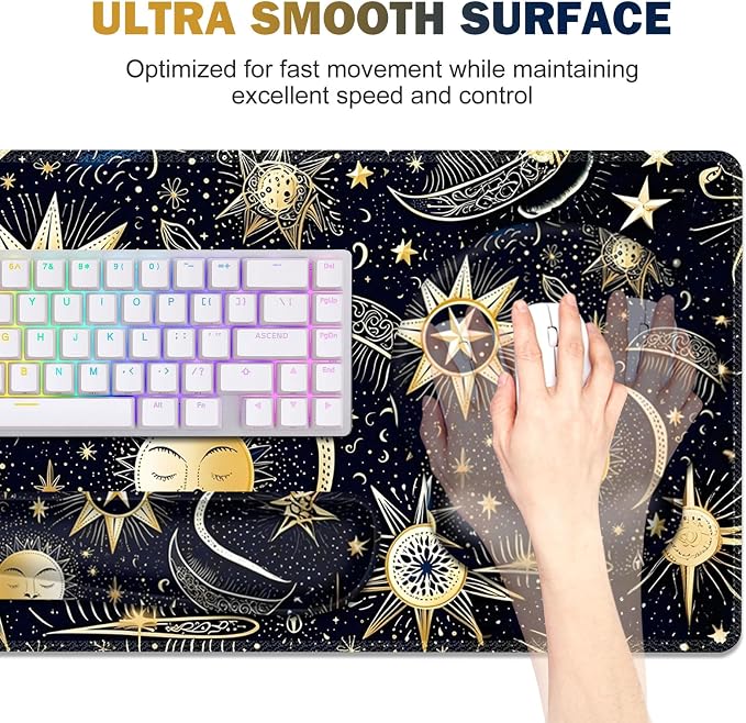 Gaming Mouse Pad, Large Desk Mat, Cute Desk Pad Protector, 4in1 XXL Mousepad + Keyboard Wrist Rest+Mouse Wrist Rest+Coaster Set with Ergonomic Desk Pad for Home Office PC Computer, Stars and Moon - Image 2