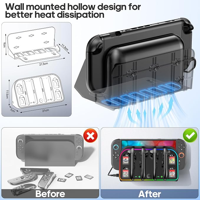 Switch 2 Wall Mount Charging Dock for 2025 Joycon 2, Wall Mount Kit Shelf for Nintendo Switch 2 Accessories, RGB Charger Dock Station with 4 Game Storage Holder for Nintendo Game Console Holder Stand - Image 7