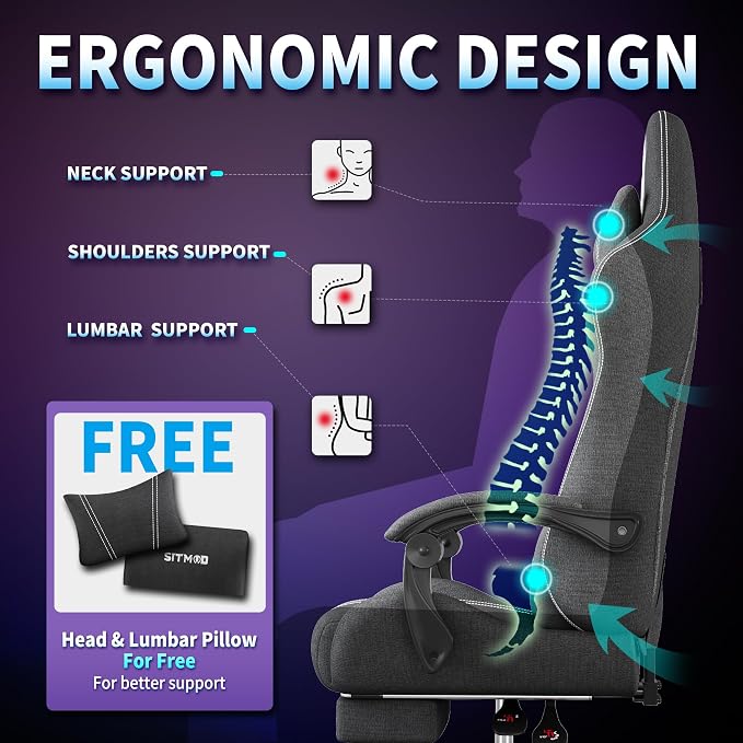 SITMOD Big Tall Fabric Gaming Chair with Footrest, Reclining Computer Chair | Breathable Fabric, Pocket Spring Cushion, High Back Support & Lumbar Pillow Deliver Lasting Comfort For Gaming, Work & Relax - Image 7