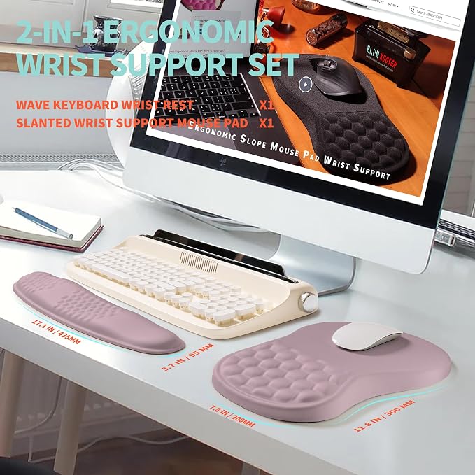 2-in-1 Ergonomic Set, Wave Rise Keyboard Wrist Rest and Massage Bulge Slope Mouse Pad Wrist Support, Cushion Memory Foam Integrated to Relieve Wrist Pain, Purple - Image 5