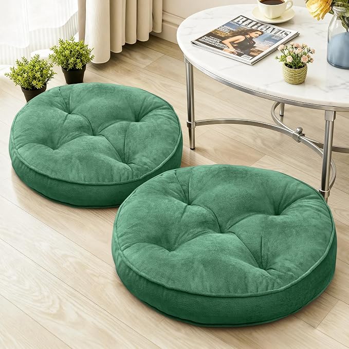1 MIDDLE ONE Floor Pillow Set of 2, Memory Foam Meditation Cushion, Floor Cushions for Adults Sitting, Large Round Seat Cushions for Yoga, Living Room, 20x20 Inch (Round | Green) by 1MIDDLEONE