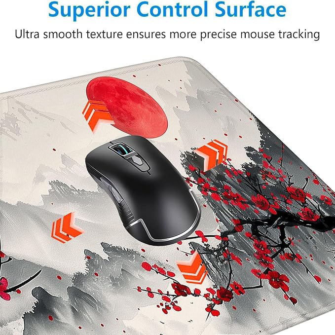 Watercolor Cherry Blossom Gaming Mouse Pad - Chinese Ink Painting Mountain Desk Mat With Stitched Edge Non-Slip Base for Office Computer Keyboard Laptop Home 31.5"x11.8" - Image 5