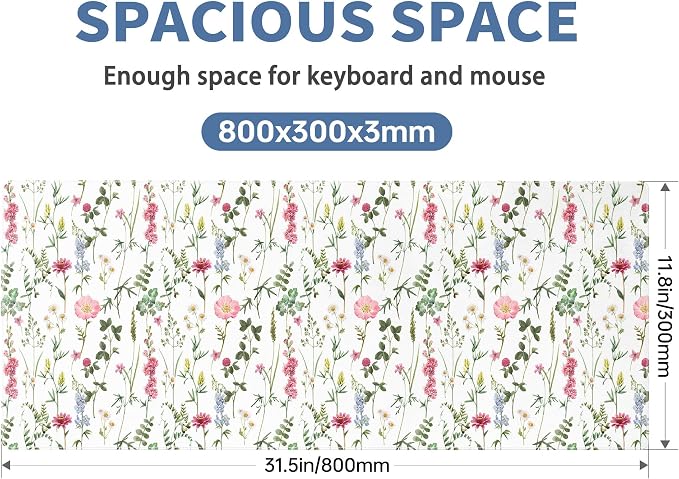 White Kawaii Flower Mouse Pad Large Desk Mat Extended Keyboard Mouse Pad Cute Mousepad with Non-Slip Base and Stitched Edge Floral Mouse Mat Desk Pad 31.5 x 11.8 Mouse Pads for Desk Home Office Gaming - Image 2